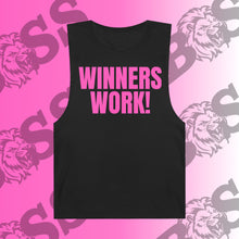Load image into Gallery viewer, Pink Winners Work Unisex Barnard Tank Top – Motivational Fitness Sleeveless Shirt with Lion Design
